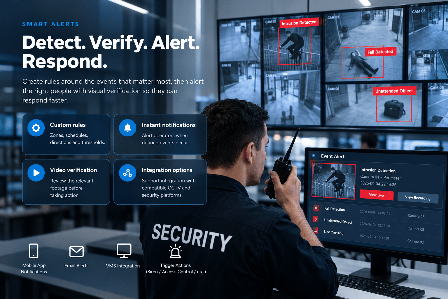 Smart CCTV analytics alerts monitoring